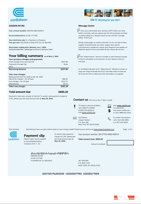 USA Con Edison electricity business utility bill template in Word and PDF formats